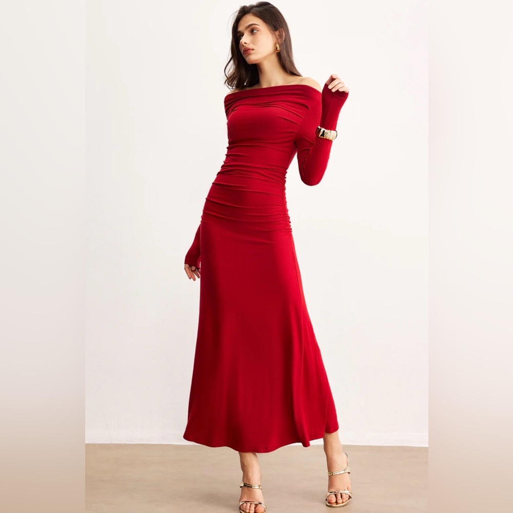 Commense Off-Shoulder Ruffle Knit Red Dress - Picture 8 of 12
